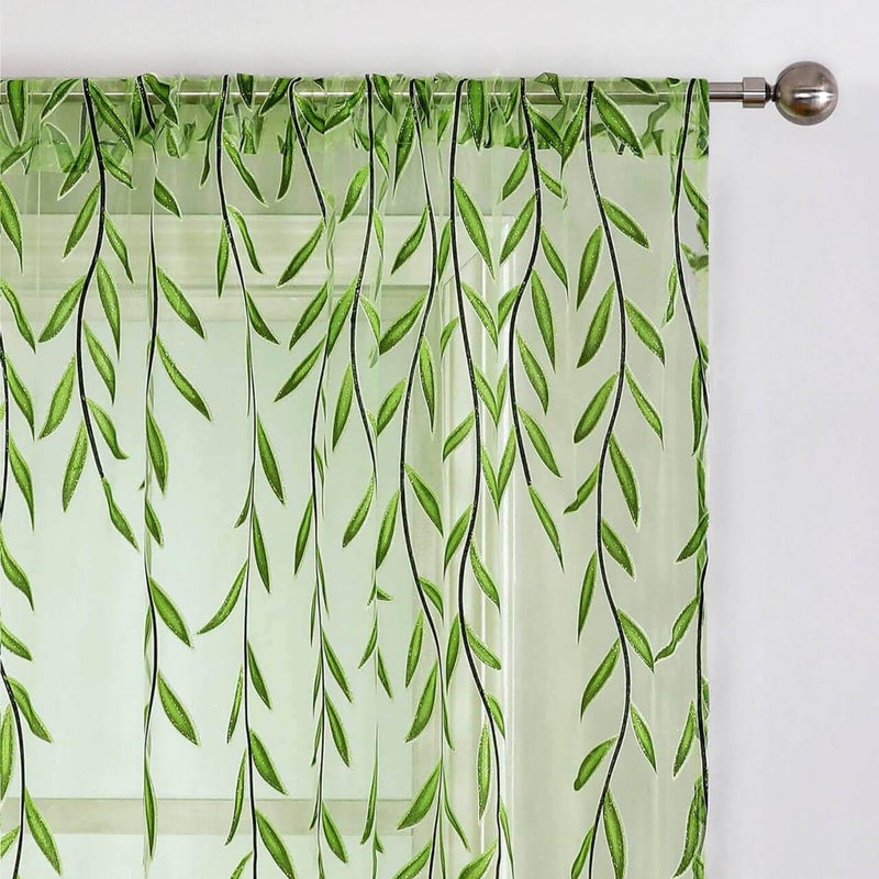 BROSHAN Green Sheer Curtains 108 Inches Long for Living Room, Vine Leaf Patterned Curtains 2 Panels Green Bedroom Curtain Sheers Voile Transparent Window Treatment Drapes for Closet Doorway Nursery Kids - Image 4